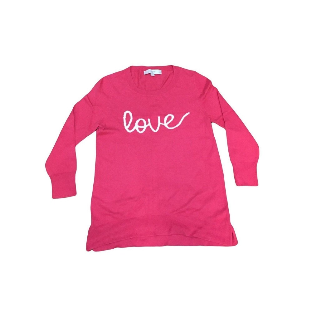 Loft XSP Love in white script on front long sleeve lightweight knit Pink sweater
